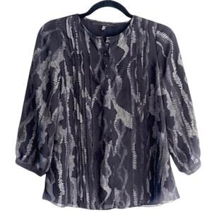 Joe's Jeans Women's Sheer Blouse Silk Feather Print Green & Black Size S Pleated